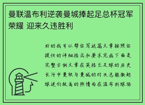 曼联温布利逆袭曼城捧起足总杯冠军荣耀 迎来久违胜利